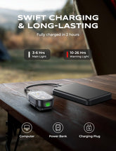 Portable light and power bank on a wooden surface with charging time information.